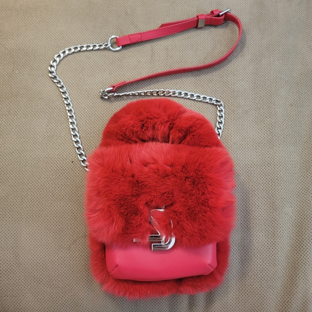 Shane Justin red Power Puff fur & leather mini bag crossbody top handle